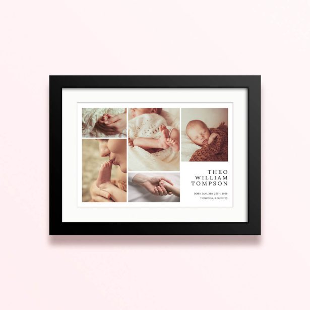 Framed and mounted photo print with five photos and personalised text for Theo William Tompson.