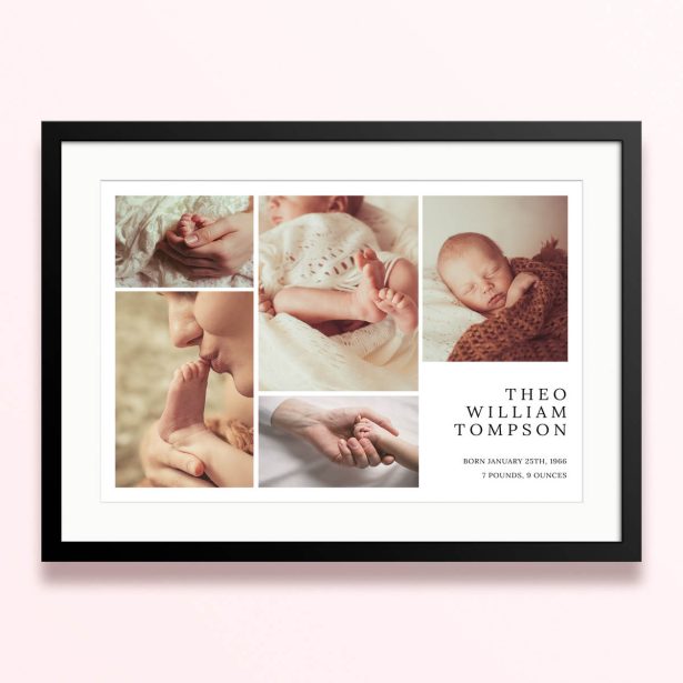 Framed and mounted photo print with five photos and personalised text for Theo William Tompson.