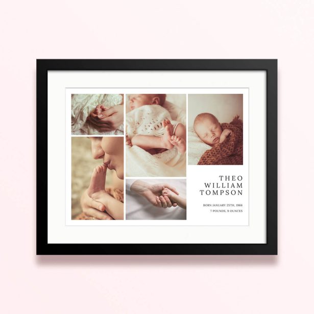 Framed and mounted photo print with five photos and personalised text for Theo William Tompson.