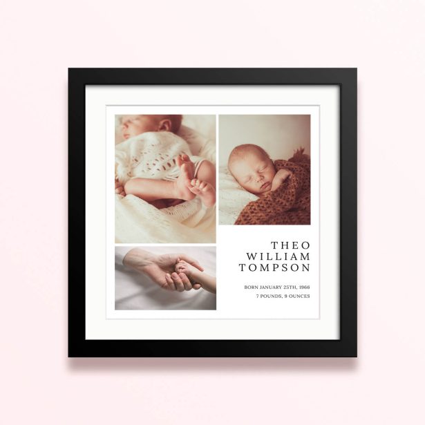 Framed and mounted photo print with five photos and personalised text for Theo William Tompson.