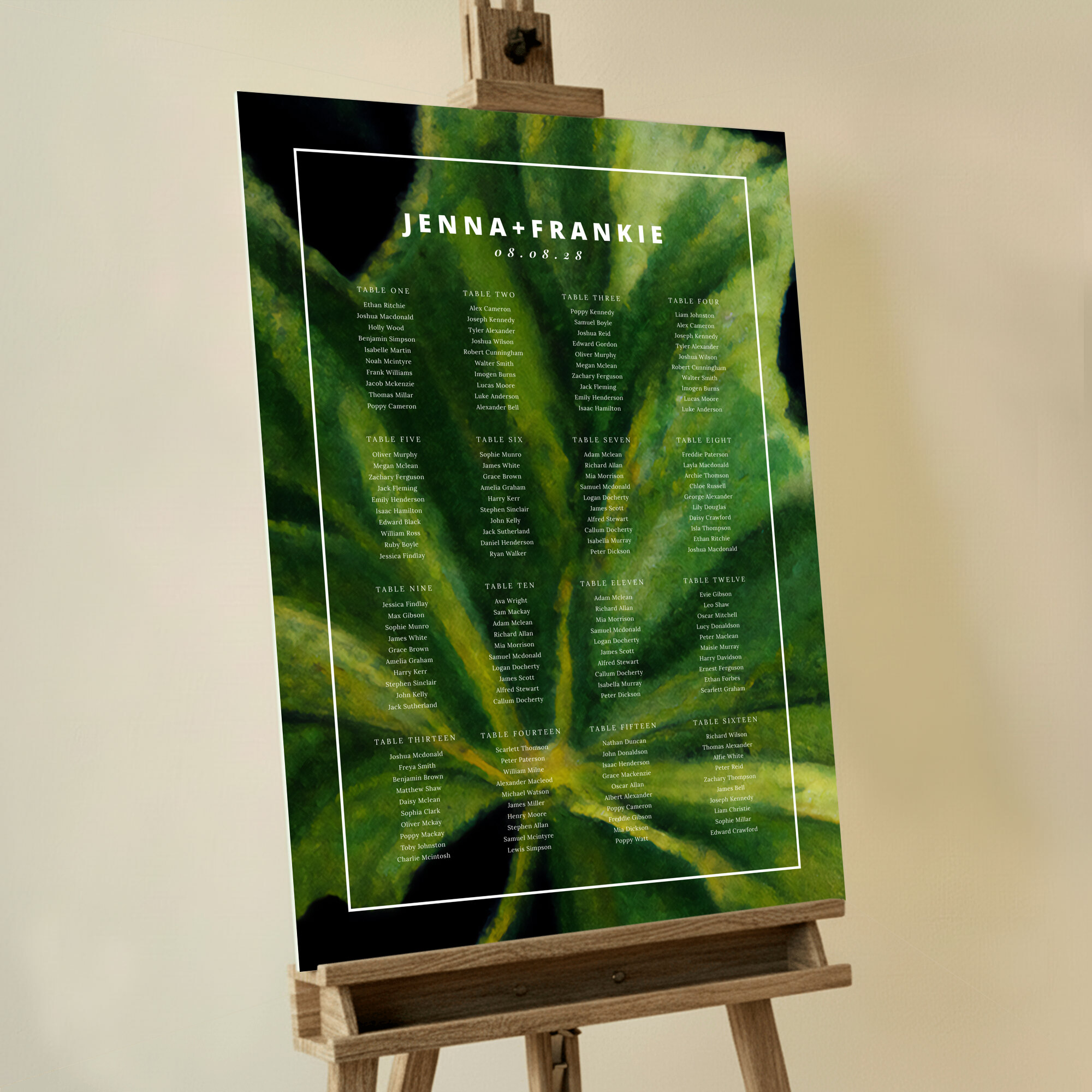 Custom Quirky Leaf Seating Charts featuring a large green oil-painted leaf on a black background with a white border, adding artistic flair to your wedding reception.. This one shows 16 tables.