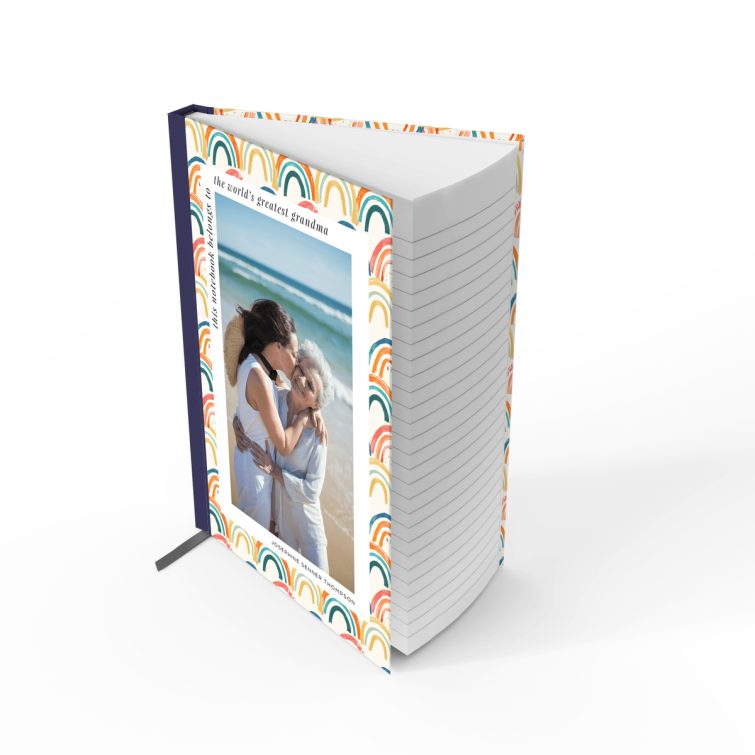 Colourful rainbow pattern notebook cover design with one photo on front, suitable for personalised gifts and stationery.