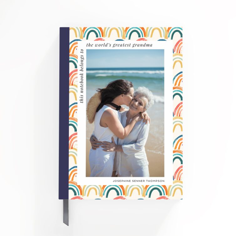 Colourful rainbow pattern notebook cover design with one photo on front, suitable for personalised gifts and stationery.