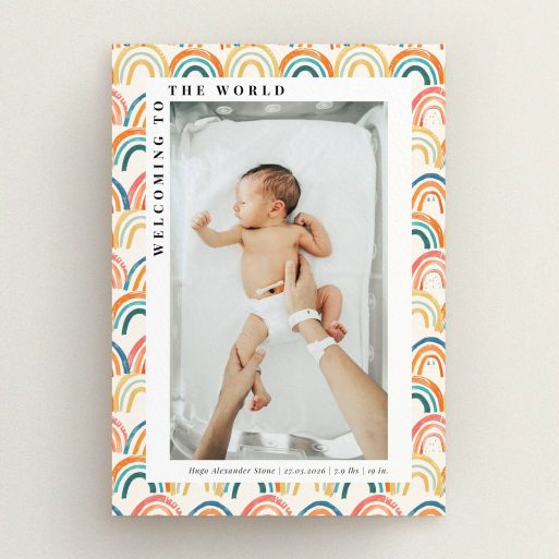Colourful birth announcement card with one photo of a newborn baby.