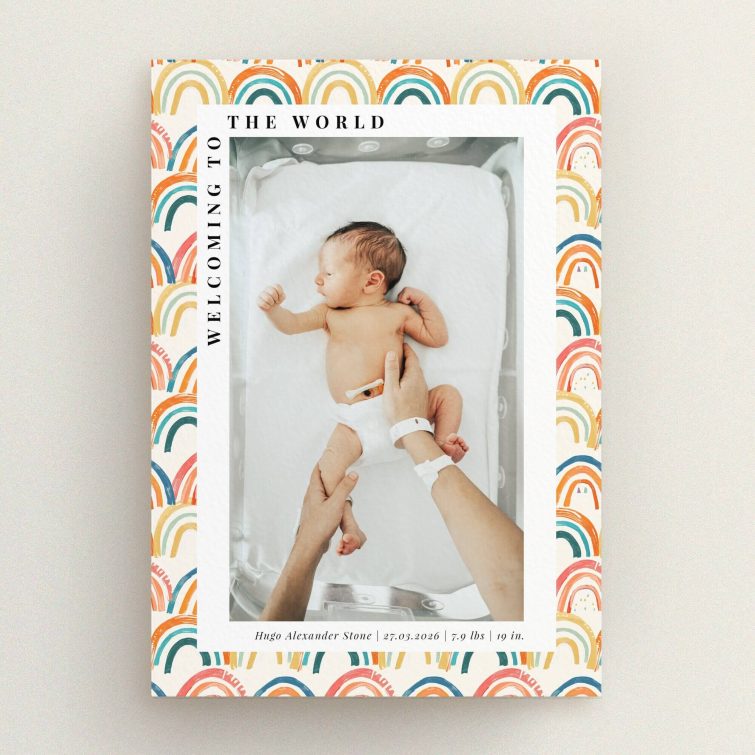 Colourful birth announcement card with one photo of a newborn baby.