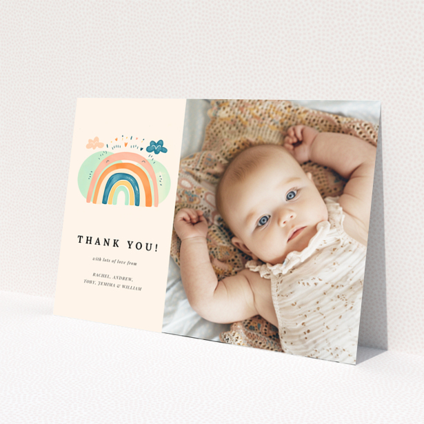 Baby thank you card featuring one photo and a colourful rainbow illustration.