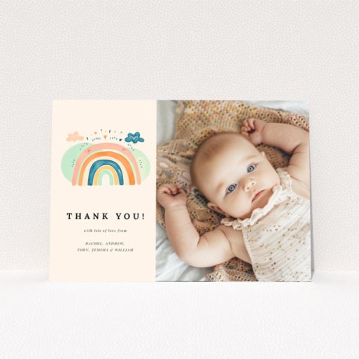 Baby thank you card featuring one photo and a colourful rainbow illustration.