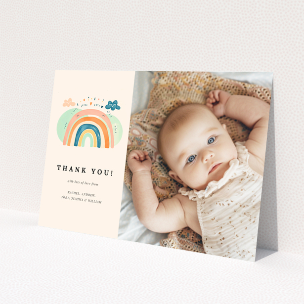 Baby thank you card featuring one photo and a colourful rainbow illustration.