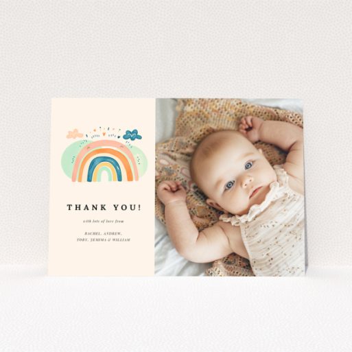 Baby thank you card featuring one photo and a colourful rainbow illustration.