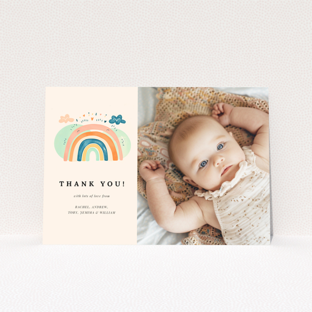 Baby thank you card featuring one photo and a colourful rainbow illustration.