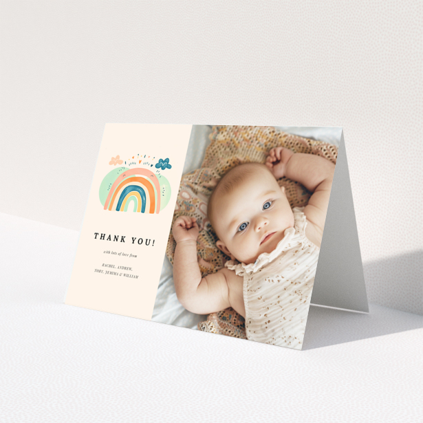 Baby thank you card featuring one photo and a colourful rainbow illustration.