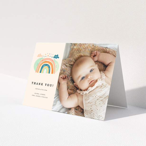 Baby thank you card featuring one photo and a colourful rainbow illustration.