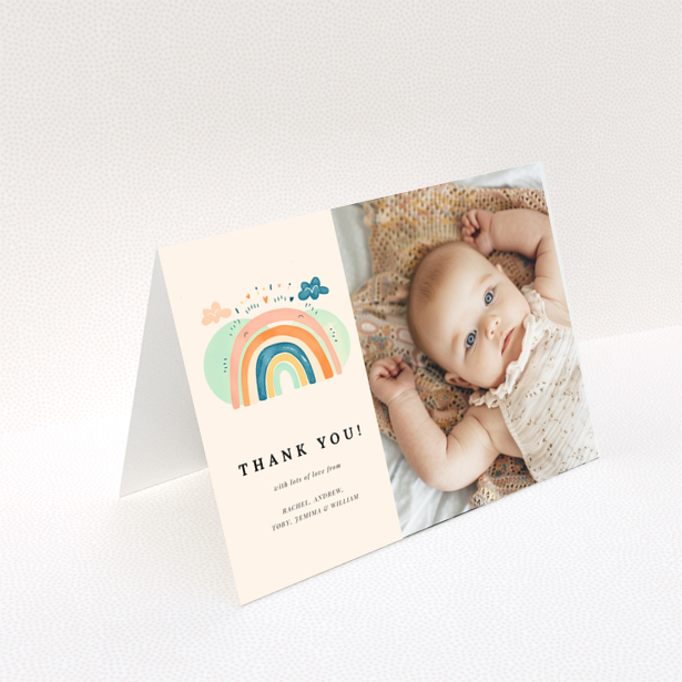 Baby thank you card featuring one photo and a colourful rainbow illustration.