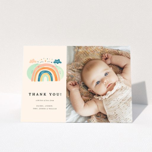 Baby thank you card featuring one photo and a colourful rainbow illustration.