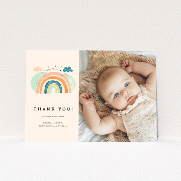 Baby thank you card featuring one photo and a colourful rainbow illustration.