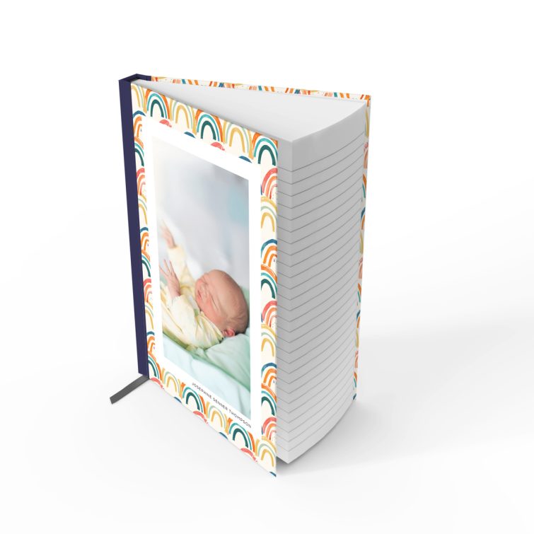 Colourful rainbow pattern portrait notebooks with one photo on the cover design.