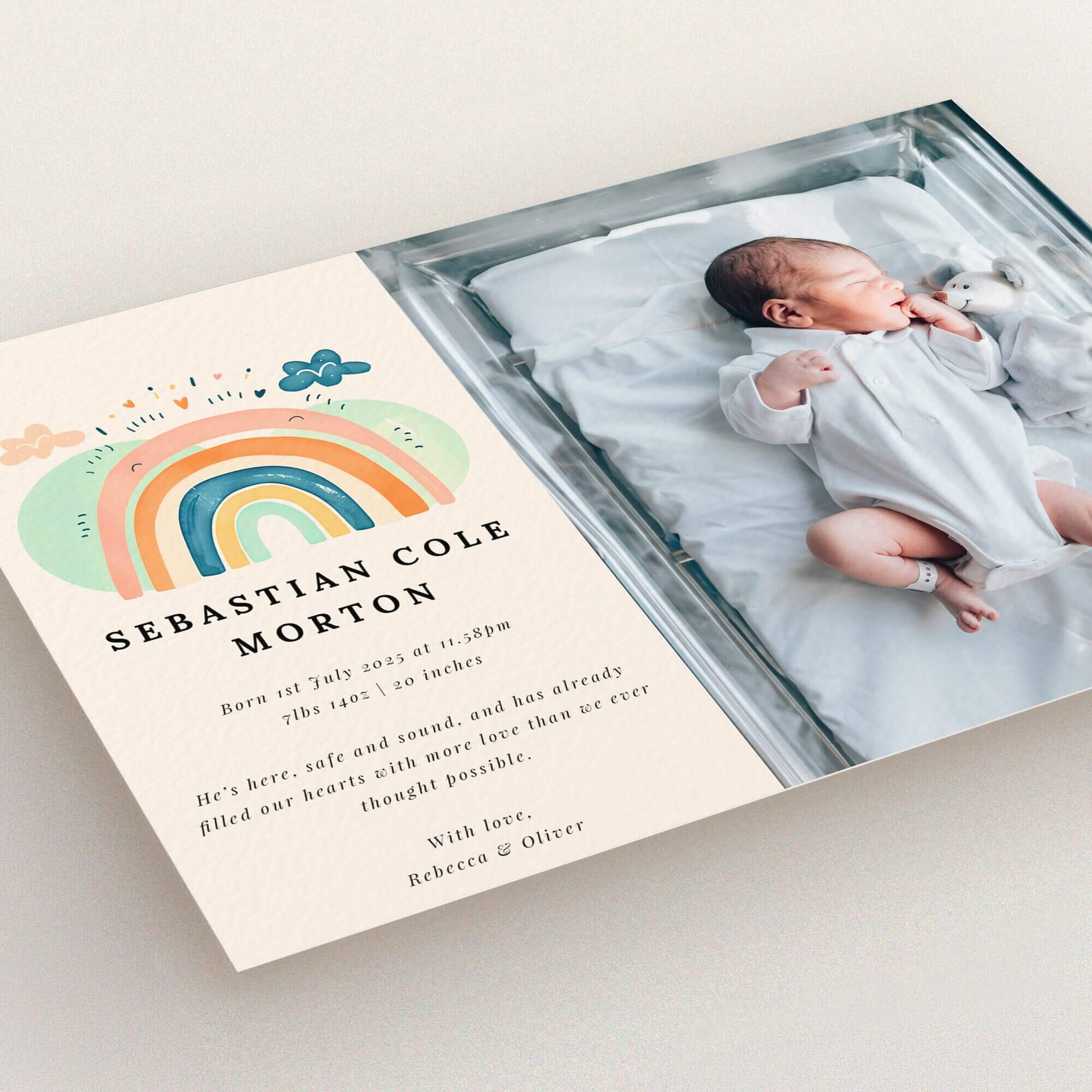 Colourful birth announcement card design with one baby photo featuring a rainbow illustration and personalised text.