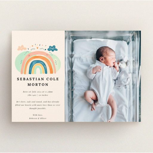 Colourful birth announcement card design with one baby photo featuring a rainbow illustration and personalised text.
