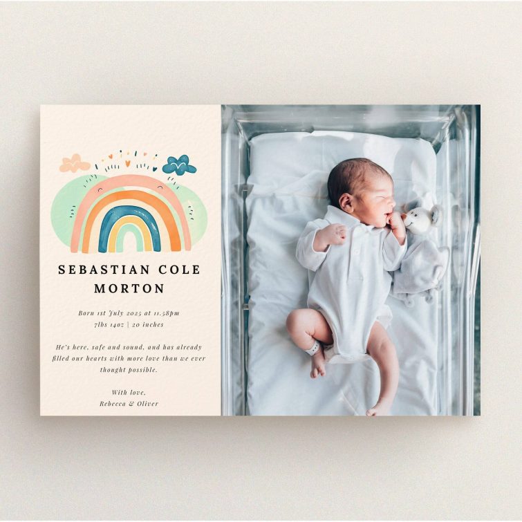 Colourful birth announcement card design with one baby photo featuring a rainbow illustration and personalised text.