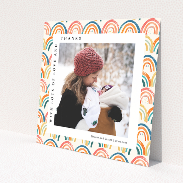 Baby thank you card with colourful rainbow design and one photo
