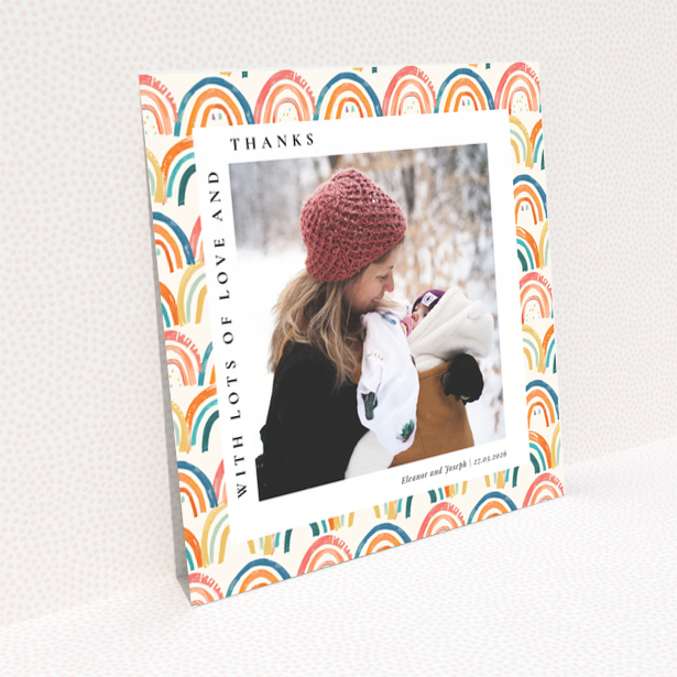 Baby thank you card with colourful rainbow design and one photo
