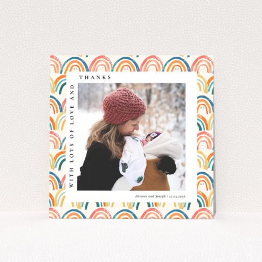 Baby thank you card with colourful rainbow design and one photo