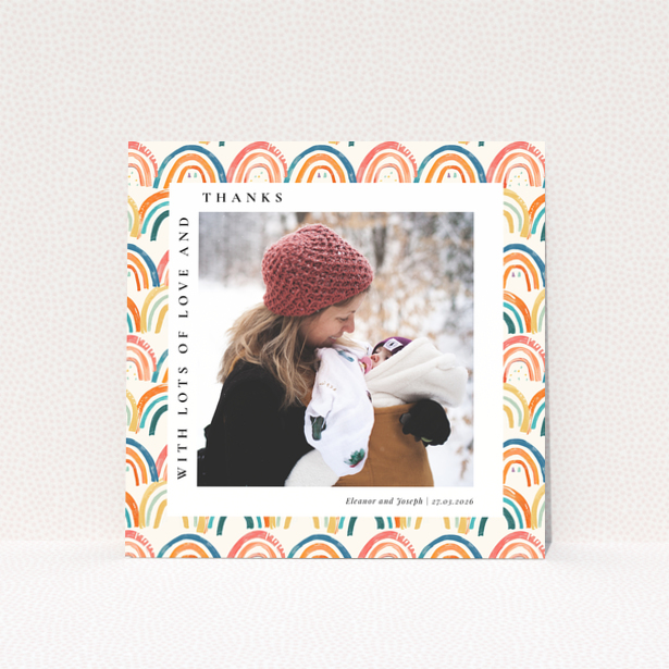 Baby thank you card with colourful rainbow design and one photo