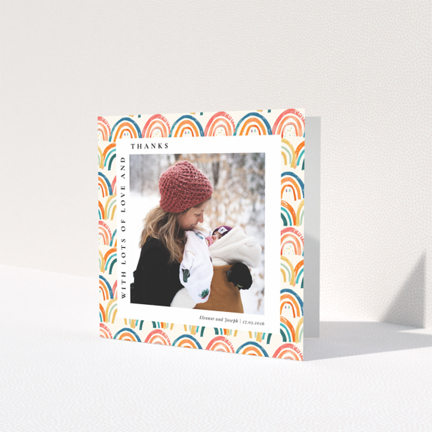 Baby thank you card with colourful rainbow design and one photo