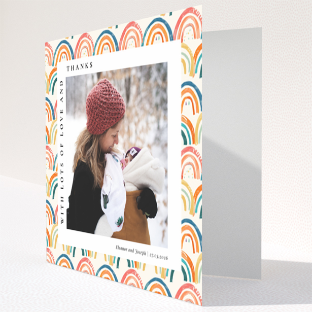 Baby thank you card with colourful rainbow design and one photo