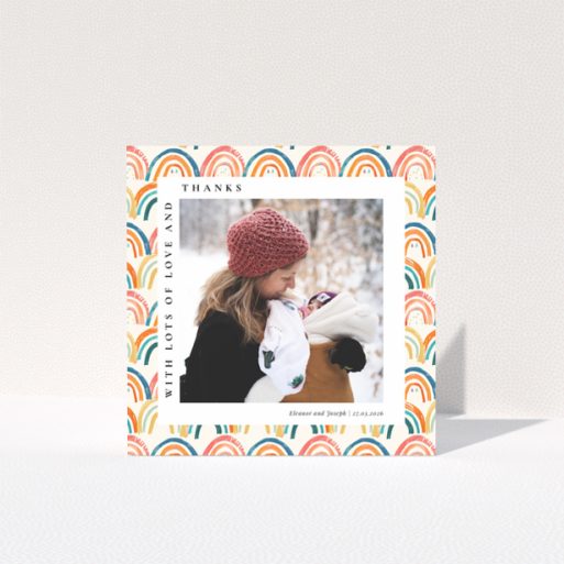 Baby thank you card with colourful rainbow design and one photo
