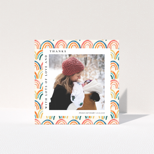 Baby thank you card with colourful rainbow design and one photo