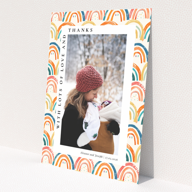 Baby thank you card with colourful rainbow design and one photo