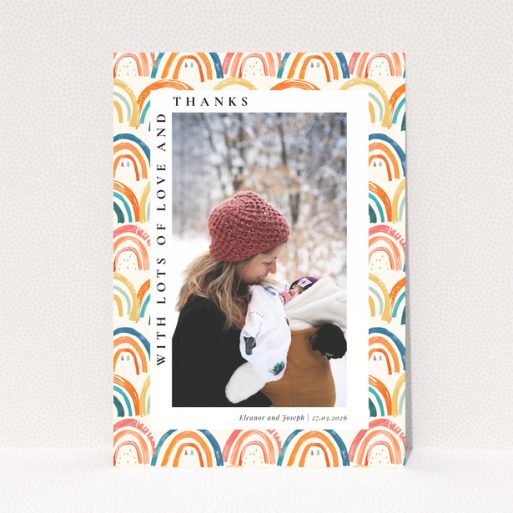 Baby thank you card with colourful rainbow design and one photo