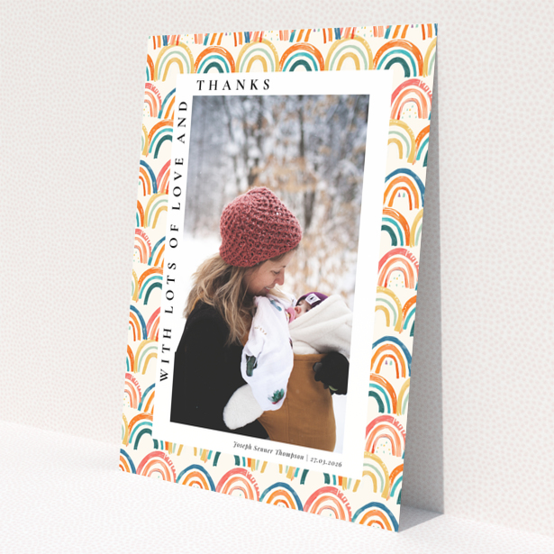 Baby thank you card with colourful rainbow design and one photo