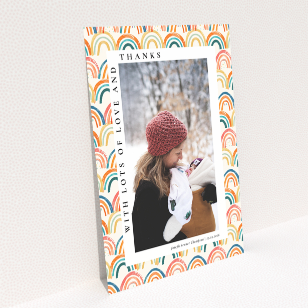 Baby thank you card with colourful rainbow design and one photo