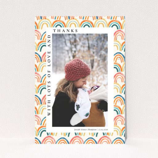 Baby thank you card with colourful rainbow design and one photo
