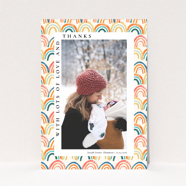 Baby thank you card with colourful rainbow design and one photo