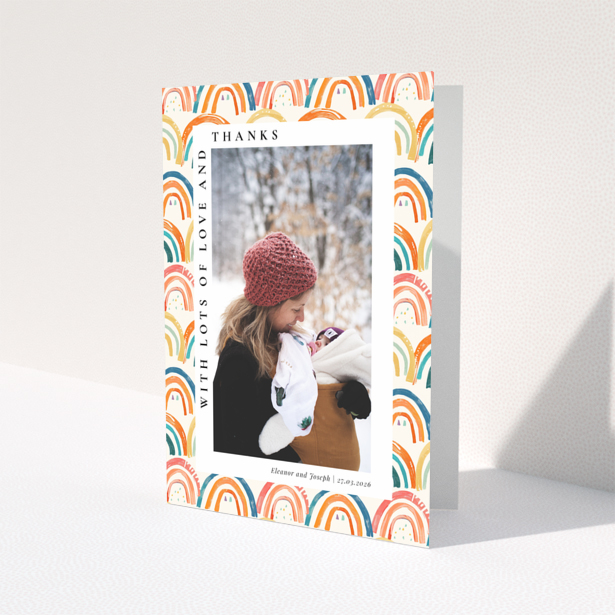 Baby thank you card with colourful rainbow design and one photo