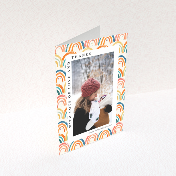 Baby thank you card with colourful rainbow design and one photo