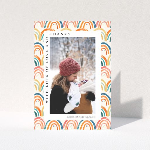 Baby thank you card with colourful rainbow design and one photo