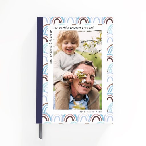 Colourful notebook design with rainbow pattern and one photo on the front cover.