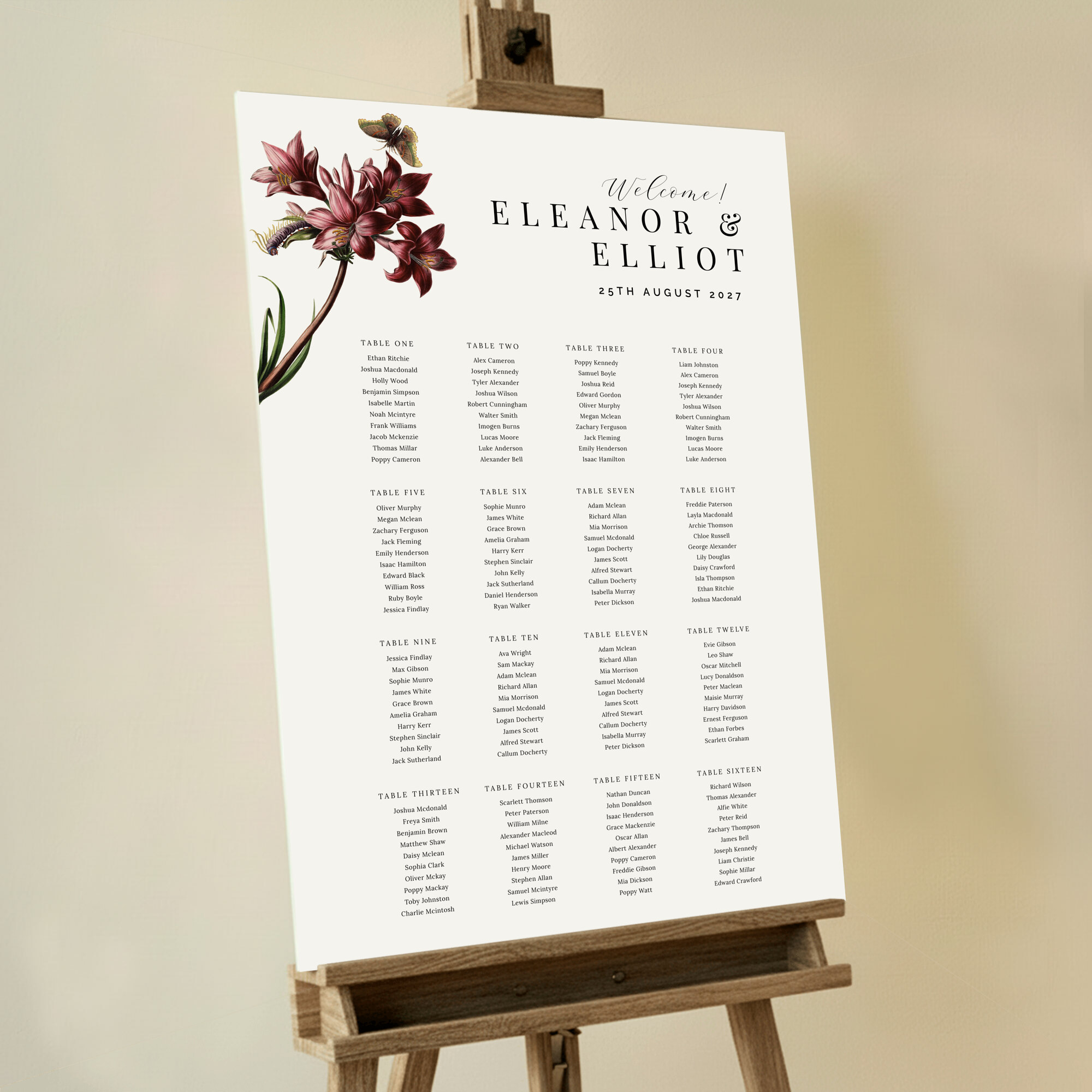 Custom Red Florals and Butterflies Seating Plan featuring a charming design with a painting of red flowers and a butterfly in the top left-hand corner, adding a whimsical touch to your wedding celebration.. This one has 16 tables.