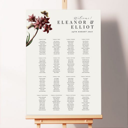 Custom Red Florals and Butterflies Seating Plan featuring a charming design with a painting of red flowers and a butterfly in the top left-hand corner, adding a whimsical touch to your wedding celebration.. This one has 16 tables.