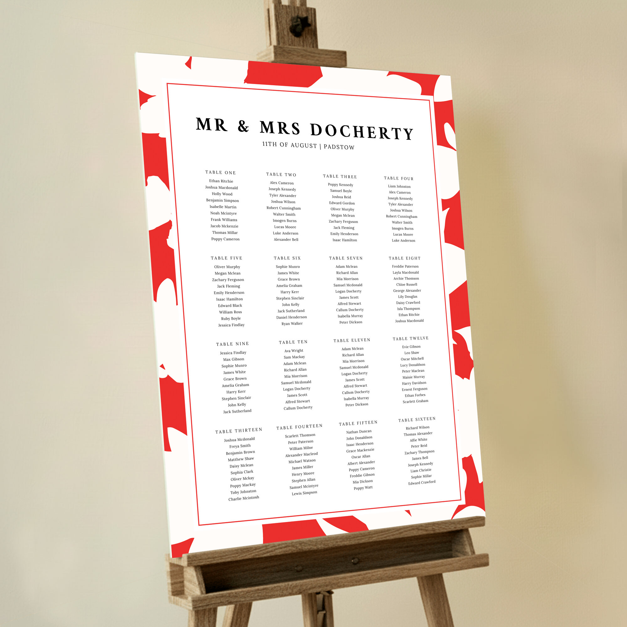 Seating Plan - Red Flowers, a vibrant and eye-catching design with white flowers against a striking red background, adding flair and drama to your event.. This template is formatted for 16 tables.