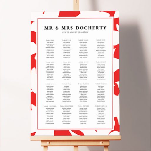 Seating Plan - Red Flowers, a vibrant and eye-catching design with white flowers against a striking red background, adding flair and drama to your event.. This template is formatted for 16 tables.