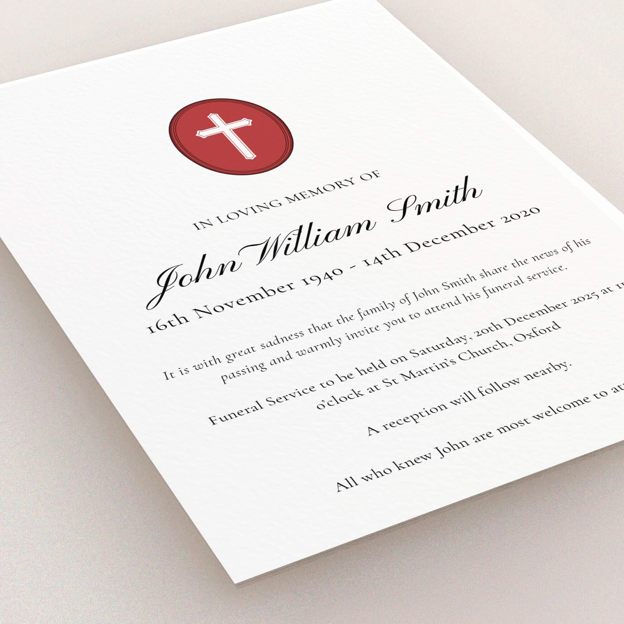 Funeral announcement design with religious cross symbol and elegant typography.