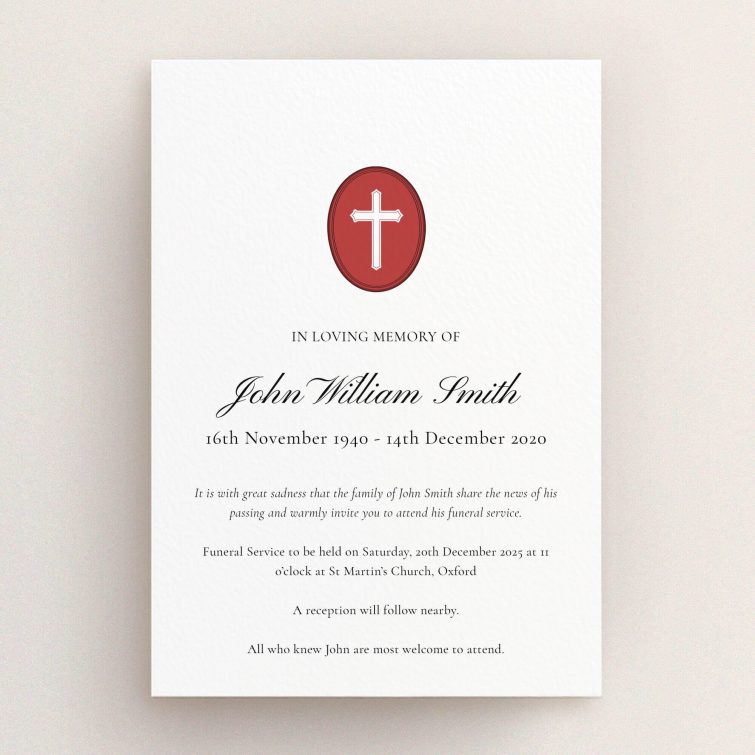 Funeral announcement design with religious cross symbol and elegant typography.