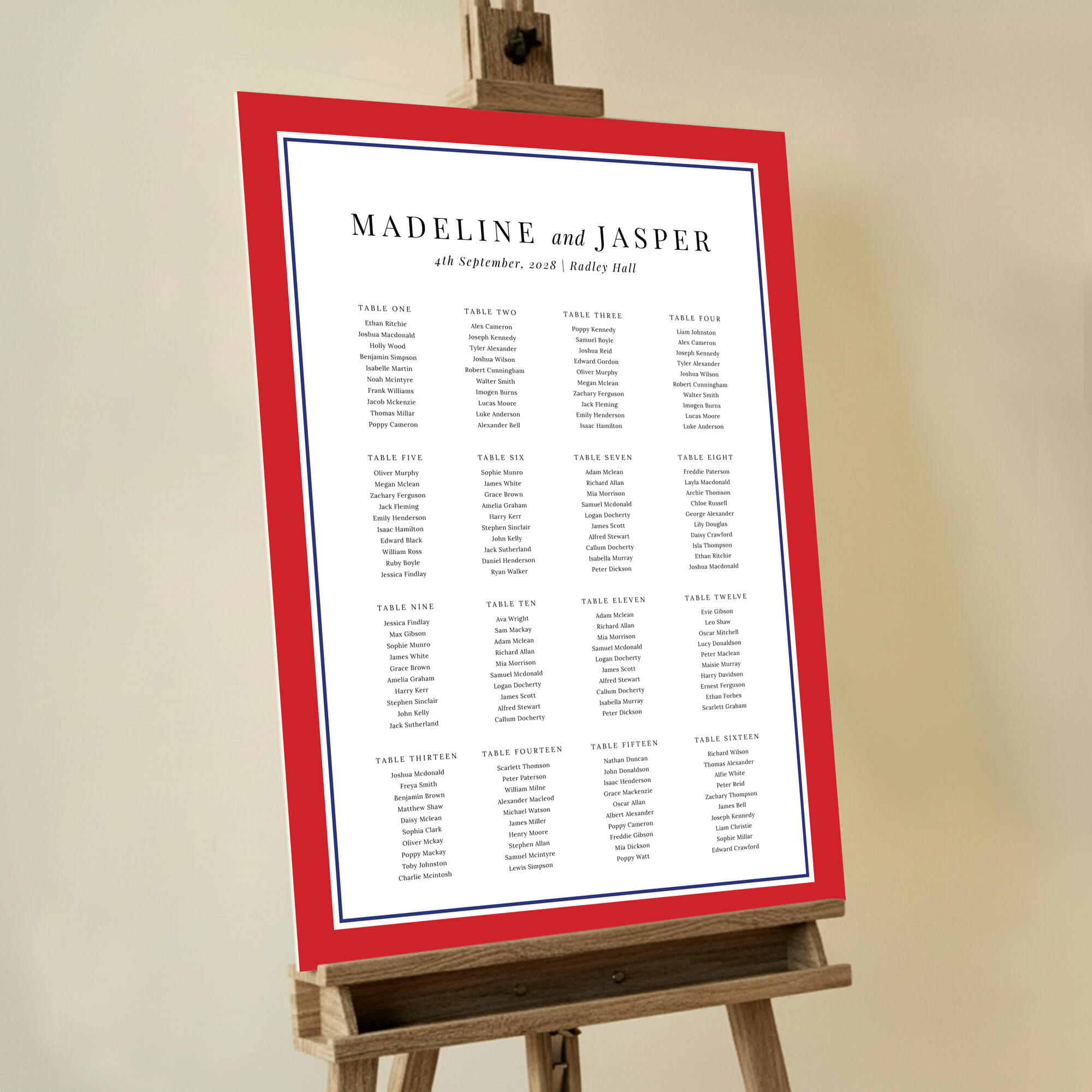 Traditional Seating Plan - Red with Blue, featuring classic fonts on a white background with a thick red and navy blue border, adding a touch of sophistication to your formal occasion.. This one shows 16 tables.