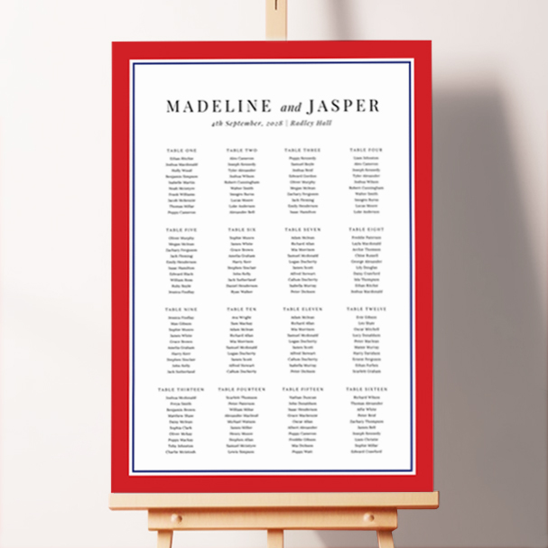 Traditional Seating Plan - Red with Blue, featuring classic fonts on a white background with a thick red and navy blue border, adding a touch of sophistication to your formal occasion.. This one shows 16 tables.