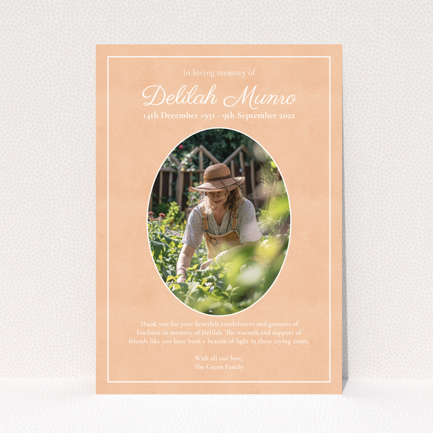 Funeral thank you card with single photo and message of gratitude
